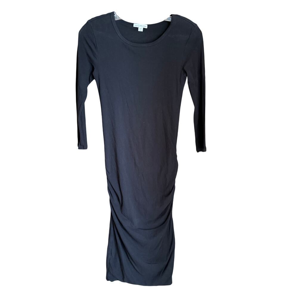Standard James Perse Black Ruched 3/4 Sleeve Cotton Knit Dress Sz 2 LBD Stretch